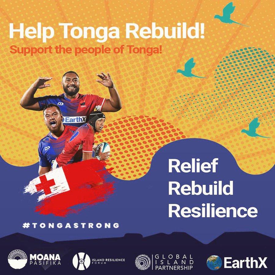 帮助汤加重建、救济、重建、恢复能力#tonga强支持组织标识三位橄榄球手和一面国旗日落背景鸟